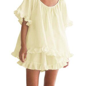 Cotton Ruffle Trim Short Set Chic Summer Lounge Pajama Two Piece